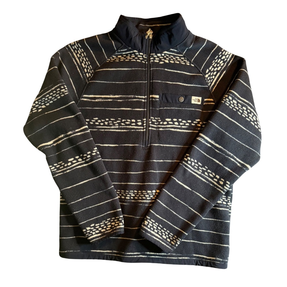 The North Face Quarter Zip Fleece Pullover Mens M Navy Striped Mock Neck Pocket
